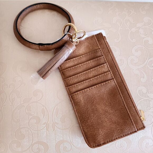 Brown Leather Card Holder with Keychain Wristlet - Picture 1 of 5